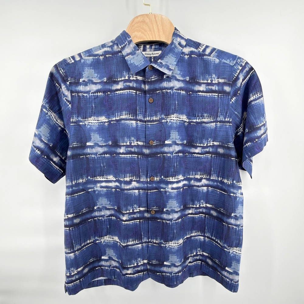 Tommy Bahama Button Up Mens L Blue Tie Dye Silk Cotton Short Sleeve Camp Shirt